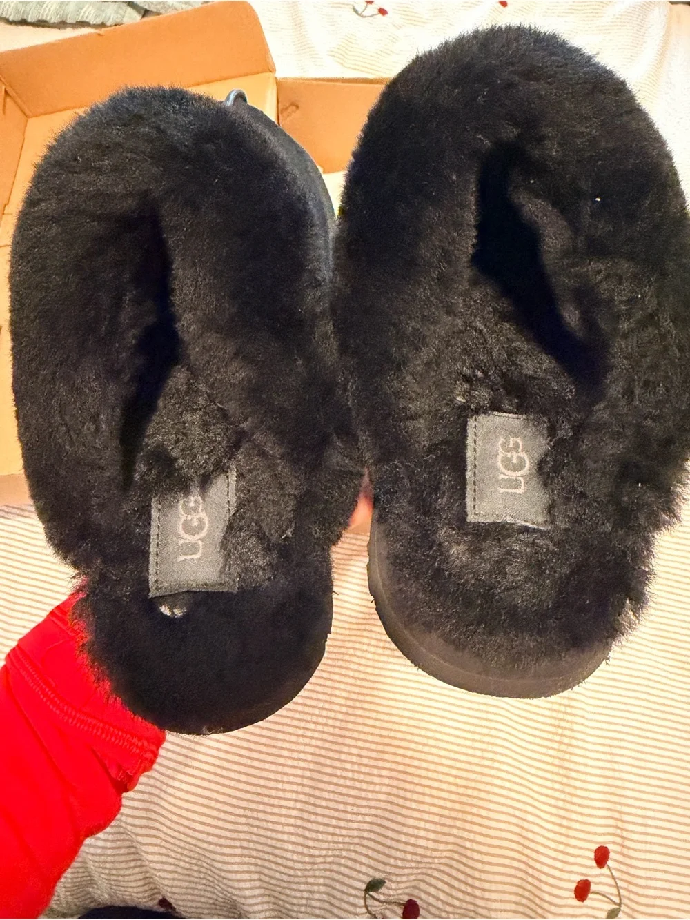 UGG Black Suede Platform Shearling Slippers